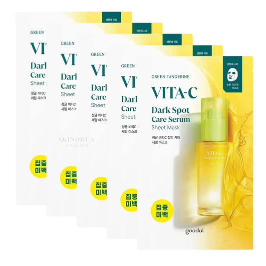 Goodal Green Tangerine Vita C Dark Spot Care Serum Sheet Mask Pack 5 masks - Pack de 5 masques visage en tissu à la vitamine C pour les taches - Kbeauty Korean skincare Europe fast delivery - Skincare coréenne Skinorea shop Paris France livraison rapide 