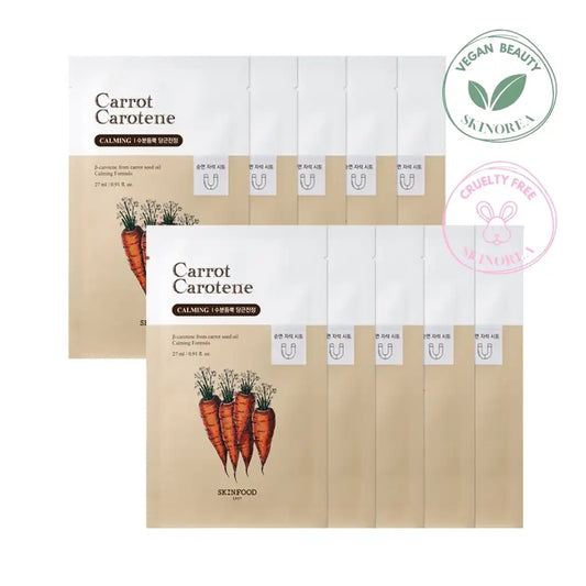 SKINFOOD Carrot Carotene Mask Pack 10 masks - Vegan carrot sheet mask pack enriched with essence - Pack 10 masques visage vegan à la carotte enrichi d'essence - Kbeauty Korean Skinorea shop Europe fast delivery - skincare coréenne Skinorea shop France Paris livraison rapide